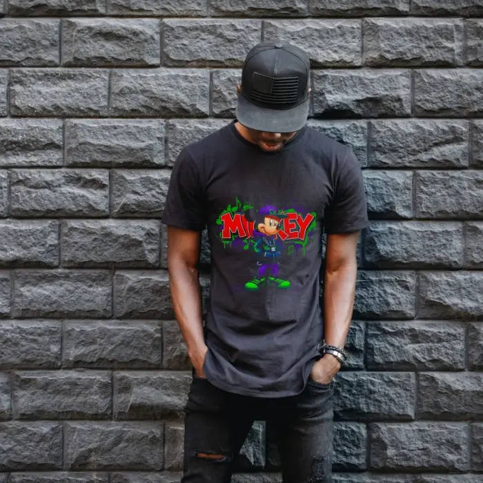 iegiyim™ Mickey Mouse Graffiti Baskılı Unisex Siyah Oversize Tişört - 24/1 Penye