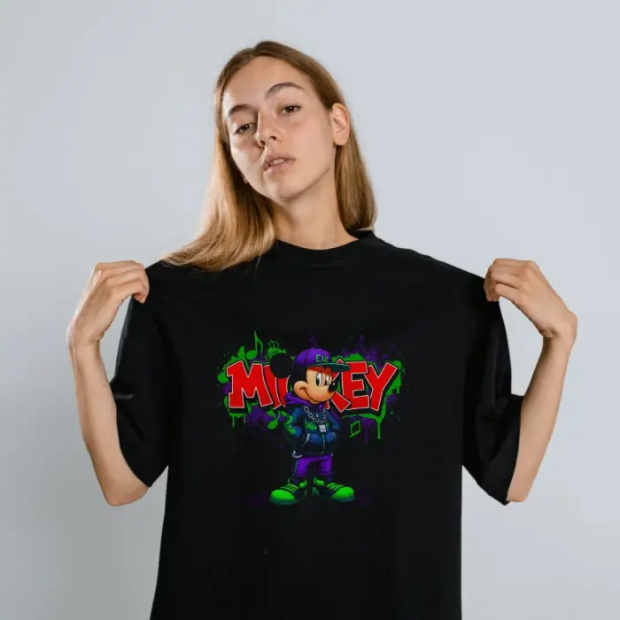 iegiyim™ Mickey Mouse Graffiti Baskılı Unisex Siyah Oversize Tişört - 24/1 Penye
