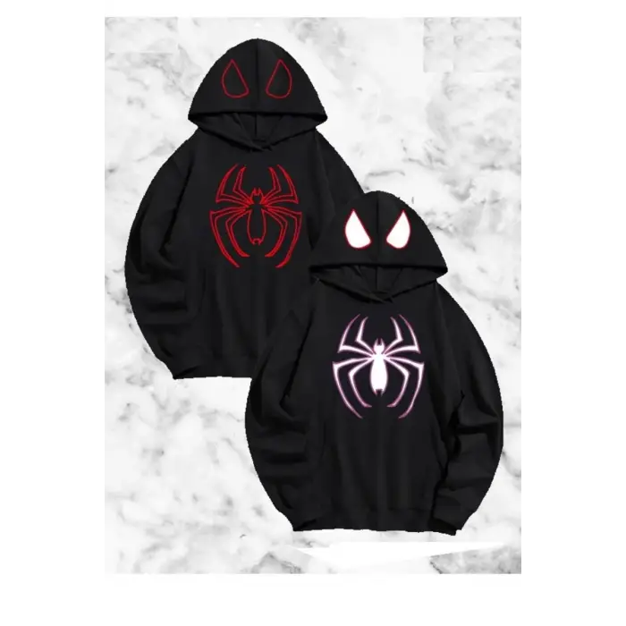 iegiyim™ Örümcek Baskılı Sevgili Çift Kombini Kapüşonlu Sweatshirt & Hoodie - Siyah