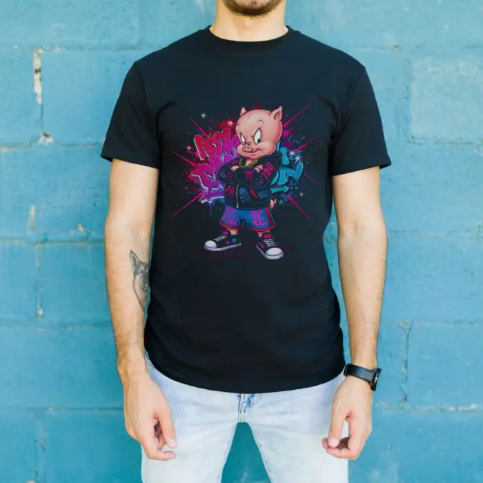 iegiyim™ Porky Pig Graffiti Baskılı Unisex Siyah Oversize Tişört - 24/1 Penye