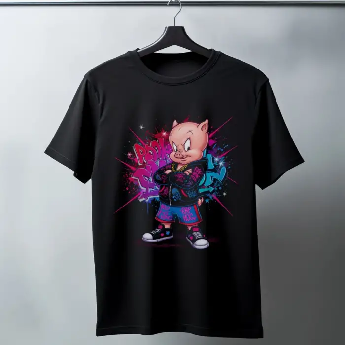 iegiyim™ Porky Pig Graffiti Baskılı Unisex Siyah Oversize Tişört - 24/1 Penye