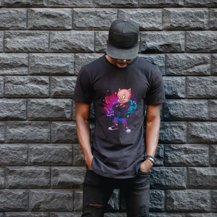 iegiyim™ Porky Pig Graffiti Baskılı Unisex Siyah Oversize Tişört - 24/1 Penye