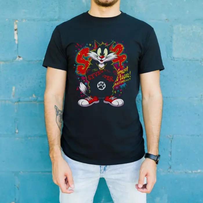 iegiyim™ Sylvester Graffiti Baskılı Unisex Siyah Oversize Tişört - 24/1 Penye