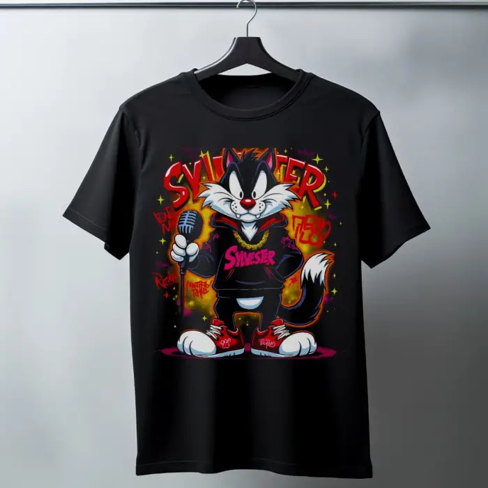 iegiyim™ Sylvester Graffiti Baskılı Unisex Siyah Oversize Tişört - 24/1 Penye