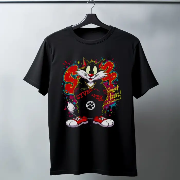 iegiyim™ Sylvester Graffiti Baskılı Unisex Siyah Oversize Tişört - 24/1 Penye