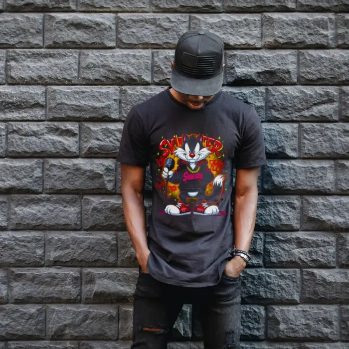 iegiyim™ Sylvester Graffiti Baskılı Unisex Siyah Oversize Tişört - 24/1 Penye