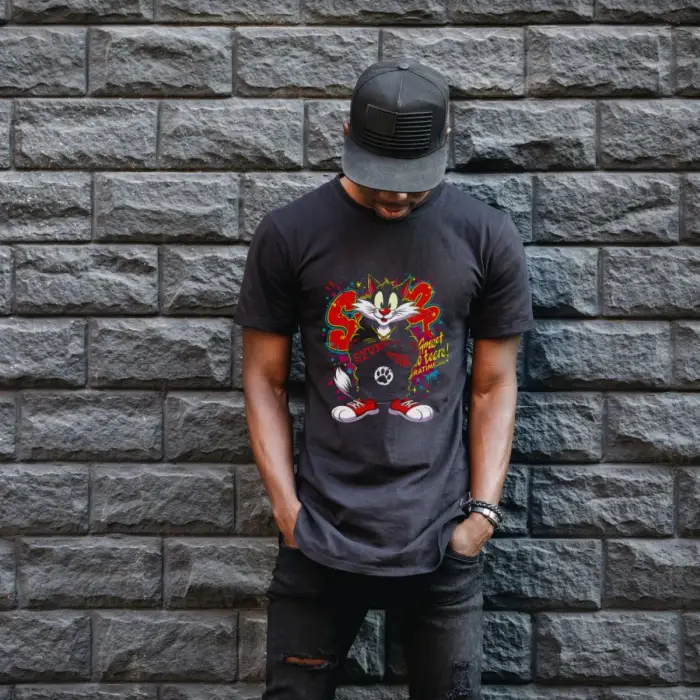 iegiyim™ Sylvester Graffiti Baskılı Unisex Siyah Oversize Tişört - 24/1 Penye