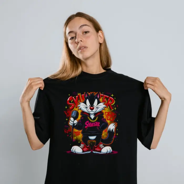 iegiyim™ Sylvester Graffiti Baskılı Unisex Siyah Oversize Tişört - 24/1 Penye