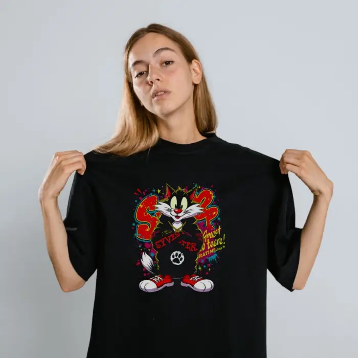 iegiyim™ Sylvester Graffiti Baskılı Unisex Siyah Oversize Tişört - 24/1 Penye