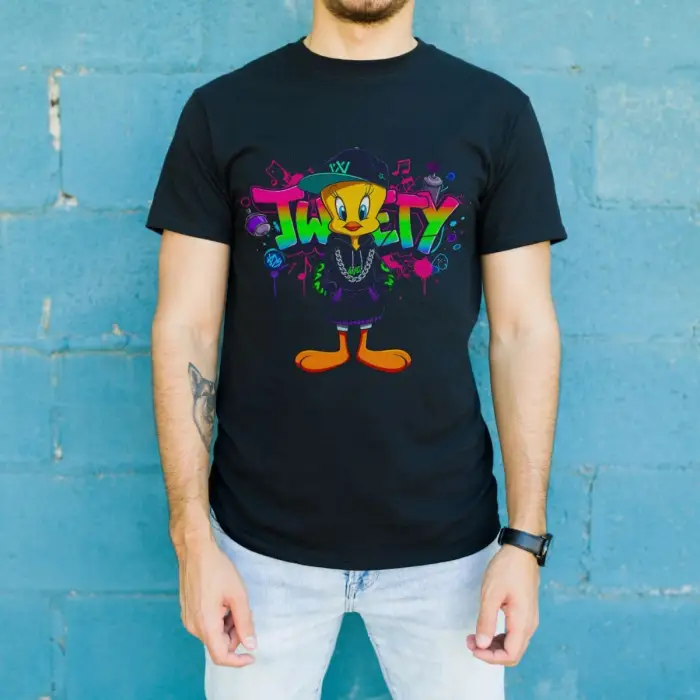 iegiyim™ Tweety Graffiti Baskılı Unisex Siyah Oversize Tişört - 24/1 Penye
