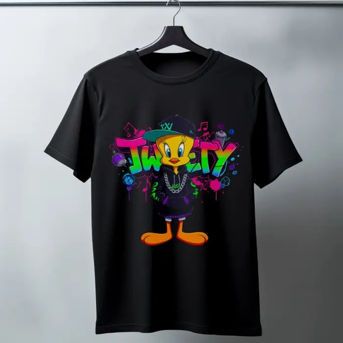 iegiyim™ Tweety Graffiti Baskılı Unisex Siyah Oversize Tişört - 24/1 Penye