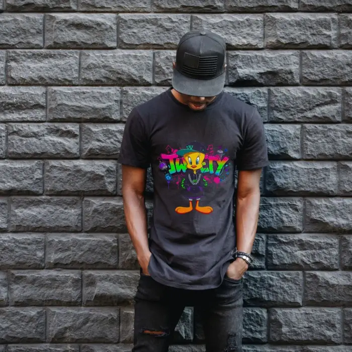 iegiyim™ Tweety Graffiti Baskılı Unisex Siyah Oversize Tişört - 24/1 Penye