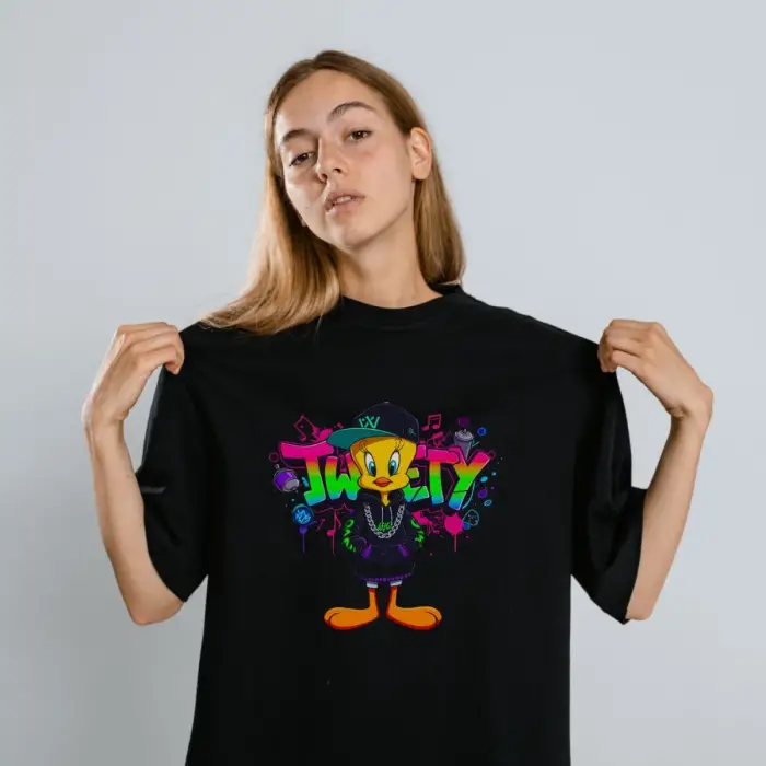 iegiyim™ Tweety Graffiti Baskılı Unisex Siyah Oversize Tişört - 24/1 Penye
