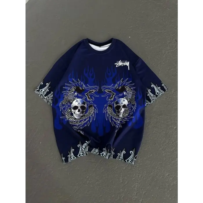 iegiyim™ Unisex Bisiklet Yaka Baskılı Oversize T-Shirt - Lacivert