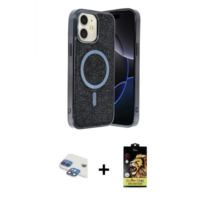 iPhone 11 Kılıf Eksen Çizgi - Siyah Buffer Cam Ekran Koruyucu + Pers Alüminyum Kamera Lens - GI