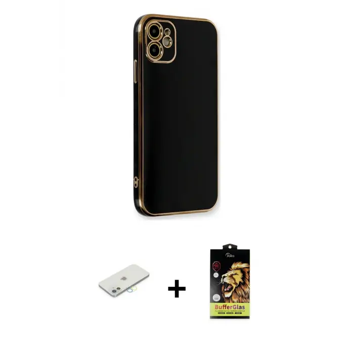 iPhone 11 Kılıf Yankı Serisi - Siyah Buffer Cam Ekran Koruyucu + Renkli Kamera Lens Koruma Cam - SI