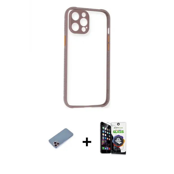 iPhone 12 Pro Max Kılıf Nova Asil Özel Seri - Şeffaf Temperli Cam Ekran Koruyucu + Shine Kamera Lens Koruma Cam - PE