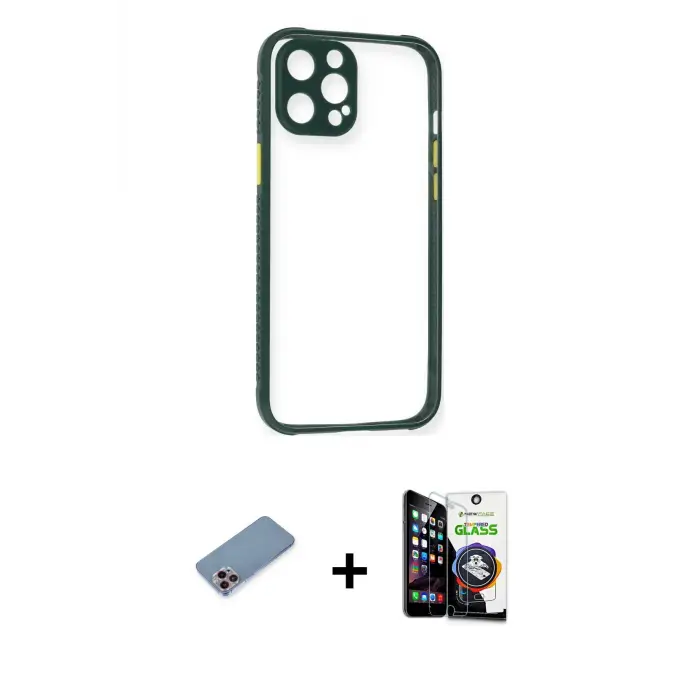 iPhone 12 Pro Max Kılıf Nova Asil Özel Seri - Şeffaf Temperli Cam Ekran Koruyucu + Shine Kamera Lens Koruma Cam - PE
