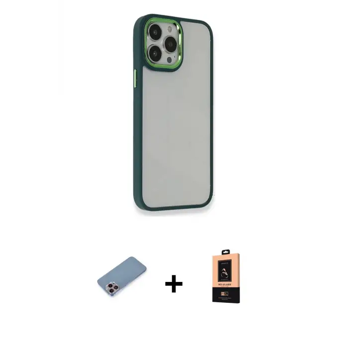 iPhone 13 Pro Max Kılıf Eksen Doku Prime - Şeffaf Maxco Cam Ekran Koruyucu + Shine Kamera Lens Koruma Cam - PE