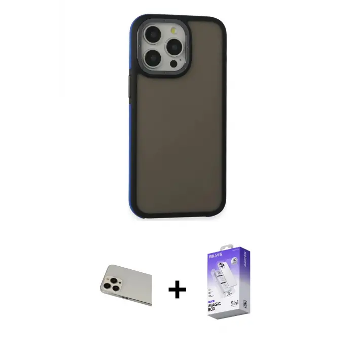 iPhone 13 Pro Max Kılıf Eksen Işık - Siyah Bilvis 5in1 3D Magic Cam Ekran Koruyucu + Rainbow Kamera Lens Koruma Cam - REGD