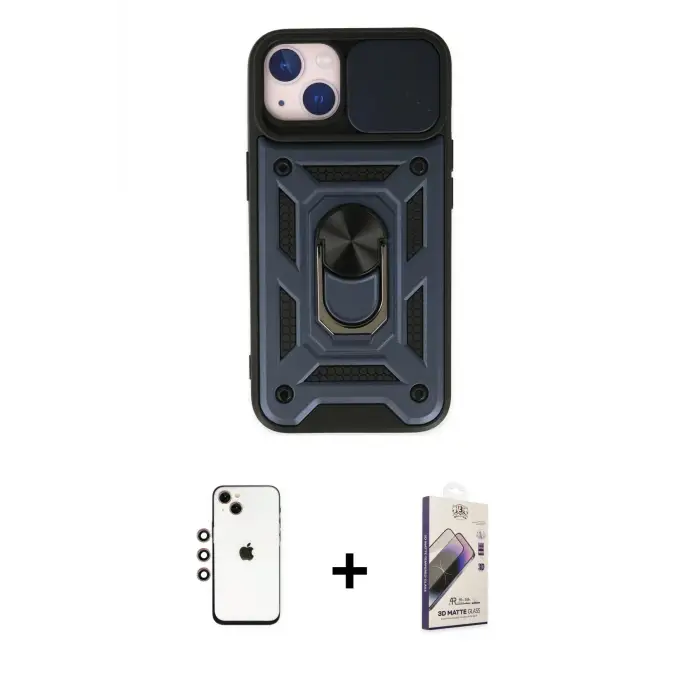 iPhone 14 Kılıf Ahenk Klasik - Siyah Bilvis 3D Mat Cam Ekran Koruyucu + Shine Kamera Lens - GI
