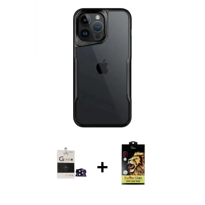 iPhone 14 Pro Max Kılıf Akış Çizgi Koleksiyonu - Siyah Buffer Cam Ekran Koruyucu + Bilvis Titan Kamera Lens - SH