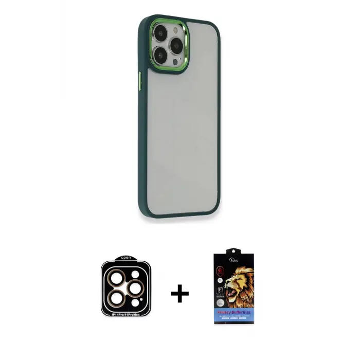 iPhone 14 Pro Max Kılıf Eksen Doku Prime - Siyah Buffer Hayalet Cam Ekran Koruyucu + PVD Metal Kamera Lens - TU