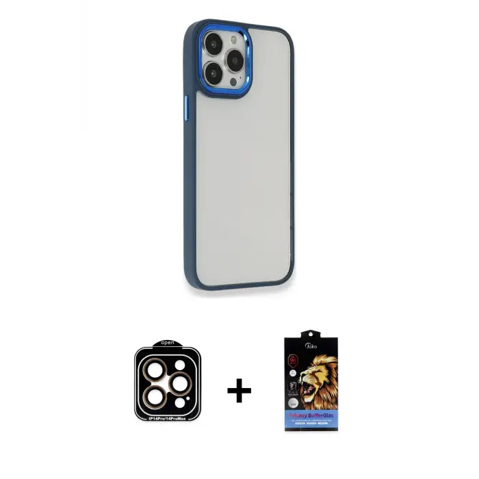 iPhone 14 Pro Max Kılıf Eksen Doku Prime - Siyah Buffer Hayalet Cam Ekran Koruyucu + PVD Metal Kamera Lens - TU