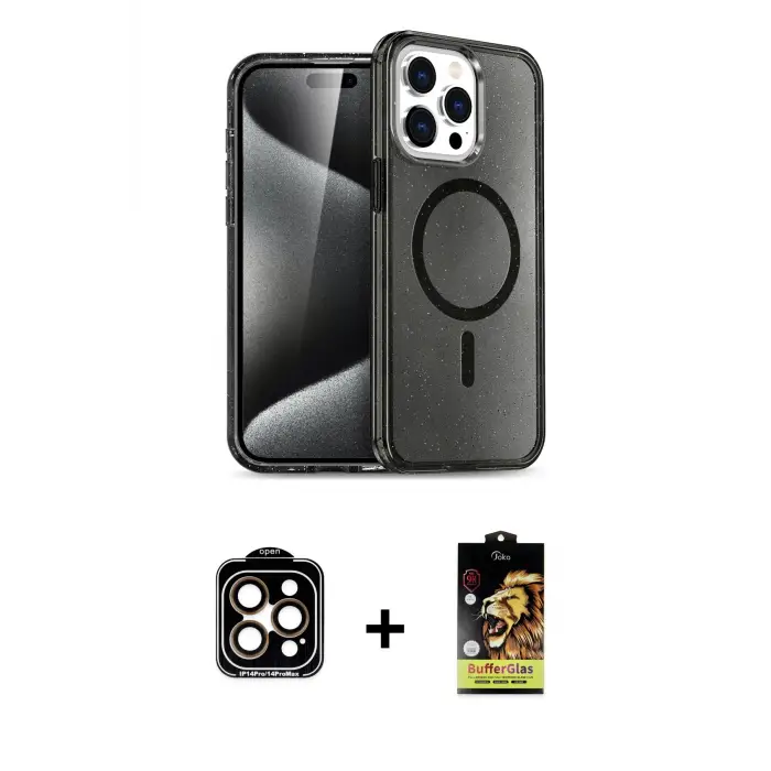 iPhone 14 Pro Max Kılıf Nova Asil Prime - Siyah Buffer Cam Ekran Koruyucu + PVD Metal Kamera Lens - TU