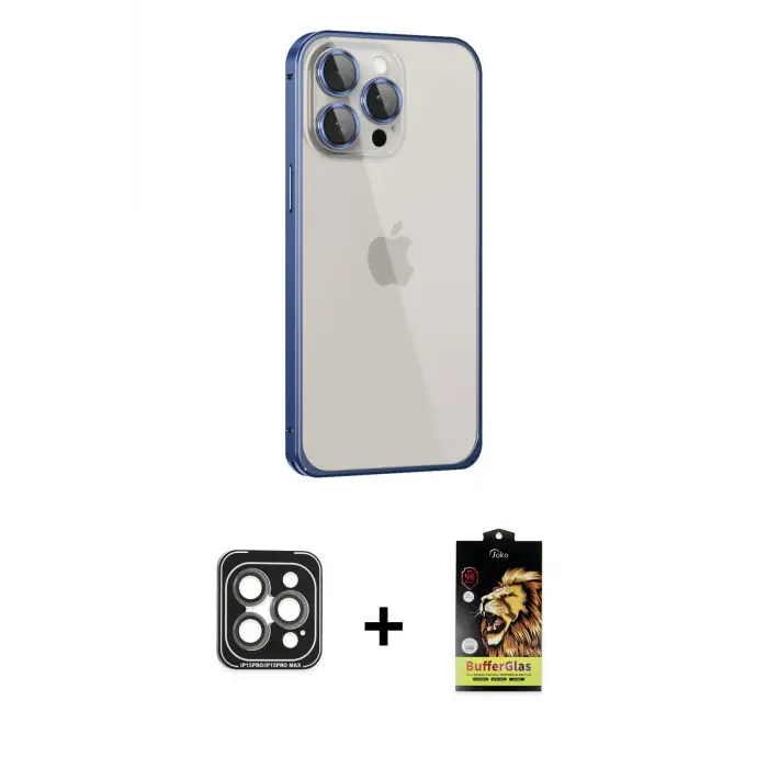 iPhone 15 Pro Max Kılıf Eksen Form Serisi - Siyah Buffer Cam Ekran Koruyucu + PVD Metal Kamera Lens - GI