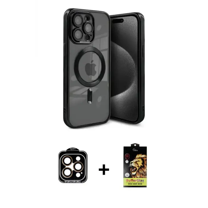 iPhone 15 Pro Max Kılıf Nova Işık Özel Seri - Siyah Buffer Cam Ekran Koruyucu + PVD Metal Kamera Lens - TU