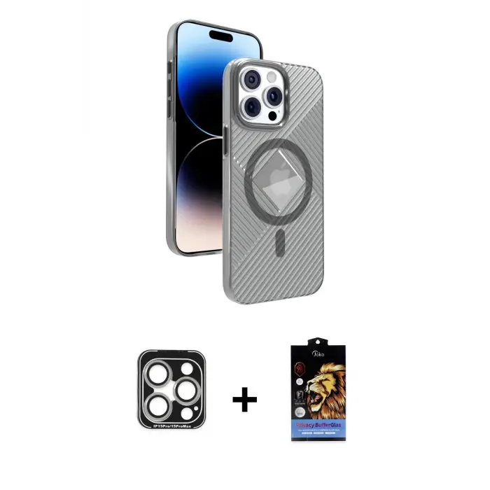 iPhone 15 Pro Max Kılıf Nova Modern Prime - Siyah Buffer Hayalet Cam Ekran Koruyucu + PVD Metal Kamera Lens - GS