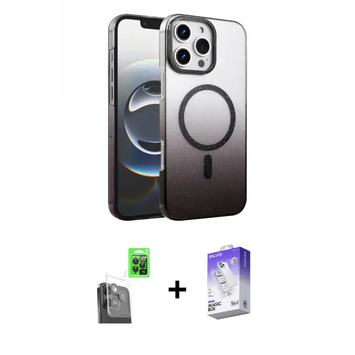 iPhone 16 Pro Max Kılıf Ahenk Doku Özel Seri - Siyah Bilvis 5in1 3D Magic Cam Ekran Koruyucu + Raze Metal Kamera Lens - SH