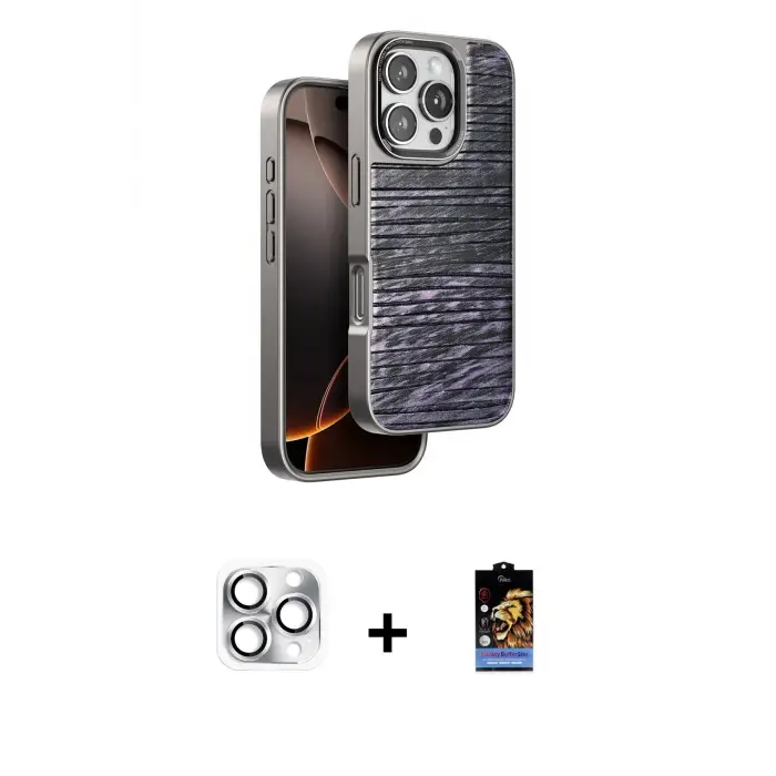 iPhone 16 Pro Max Kılıf Atlas Minimal Özel Seri - Siyah Buffer Hayalet Cam Ekran Koruyucu + Pers Alüminyum Kamera Lens - GS