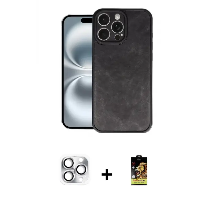 iPhone 16 Pro Max Kılıf Kıvılcım Işık Serisi - Siyah Buffer Cam Ekran Koruyucu + Pers Alüminyum Kamera Lens - GS