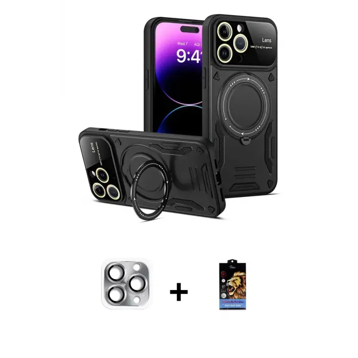iPhone 16 Pro Max Kılıf Kıvılcım Modern Serisi - Siyah Buffer Hayalet Cam Ekran Koruyucu + Pers Alüminyum Kamera Lens - GI