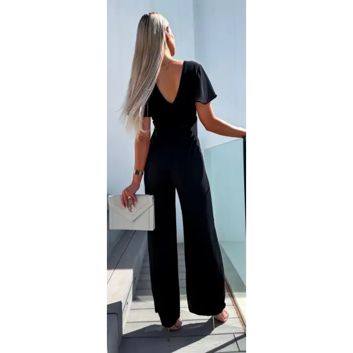 Kadın Kısa Kollu Kruvaze Yaka Sırt Dekolteli Pegasus Kumaş Tulum