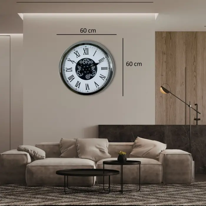 Krom Roma Rakamlı 60 Cm Çarklı Duvar Saati