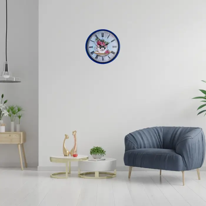 Lacivert Çiçek Desenli 36 Cm Duvar Saati