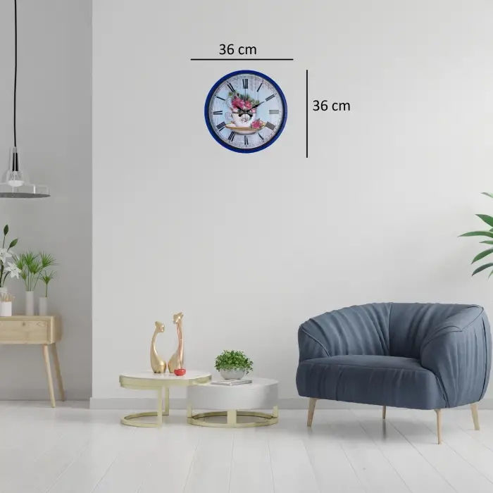 Lacivert Çiçek Desenli 36 Cm Duvar Saati