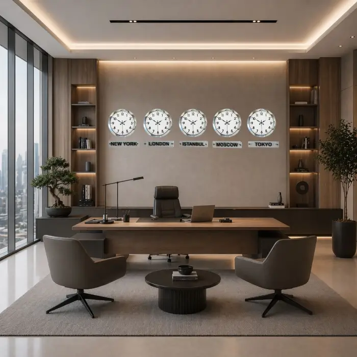 Modern Krom 5’li 36 Cm Metal Tabelalı Dünya Saatleri
