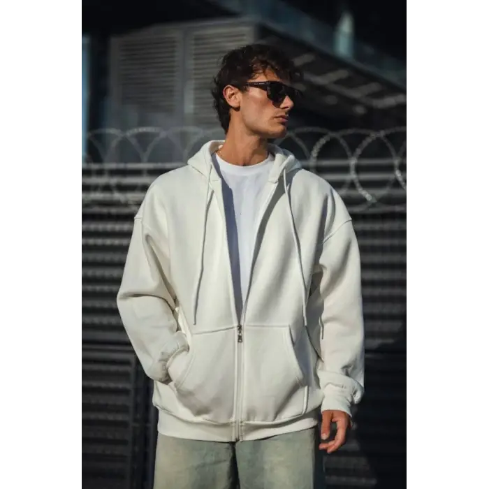 Oversize Tam Fermuarlı Uzun Kol Hırka - Beyaz