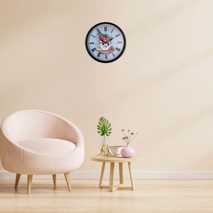 Siyah Floral Tea Cup Duvar Saati