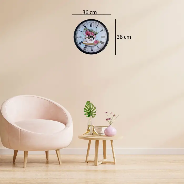 Siyah Floral Tea Cup Duvar Saati