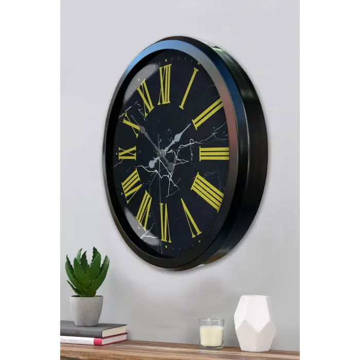 Siyah Mermer Desenli 52 Cm Metal Duvar Saati