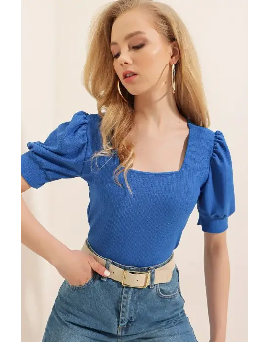 0409 Kare Yaka Örme Bluz - Saks