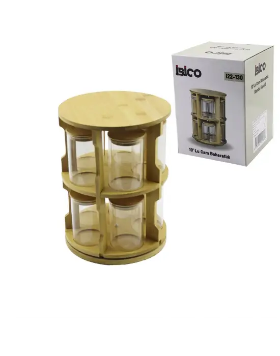10 Pcs Yuvarlak - Döner Standlı Cam - Bambu Kapak Tuzluk - Baharatlık Bambu Stand