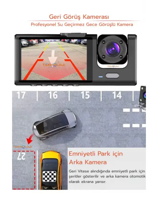 1080p Dash Cam Full Hd Araç İçi Kamera Ön Arka Ve İç Kayıt 3 Kamera Gece Görüşlü G Sensör Geniş Açı