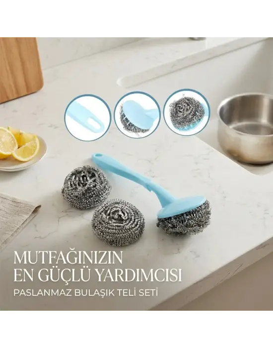 12 Adet 3+1 Bulaşık Top Teli Uzun Saplı