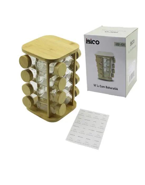 16pcs Kare - Döner Standlı Cam - Bambu Kapak Tuzluk - Baharatlık Bambu Stand